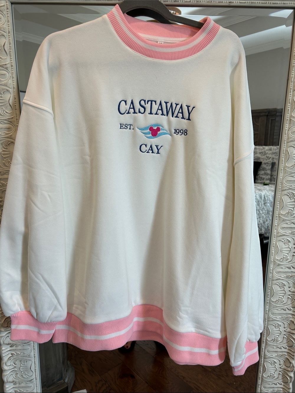Castaway Cay Disney White Crewneck Sweatshirt with Pink Trim